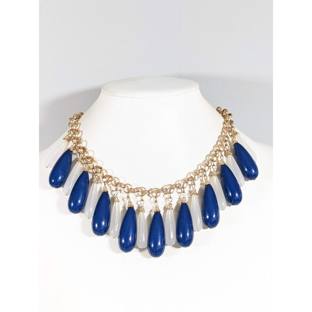 Gold Tone Blue Acrylic Teardrop Bar Charm Chunky Statement Necklace 19"